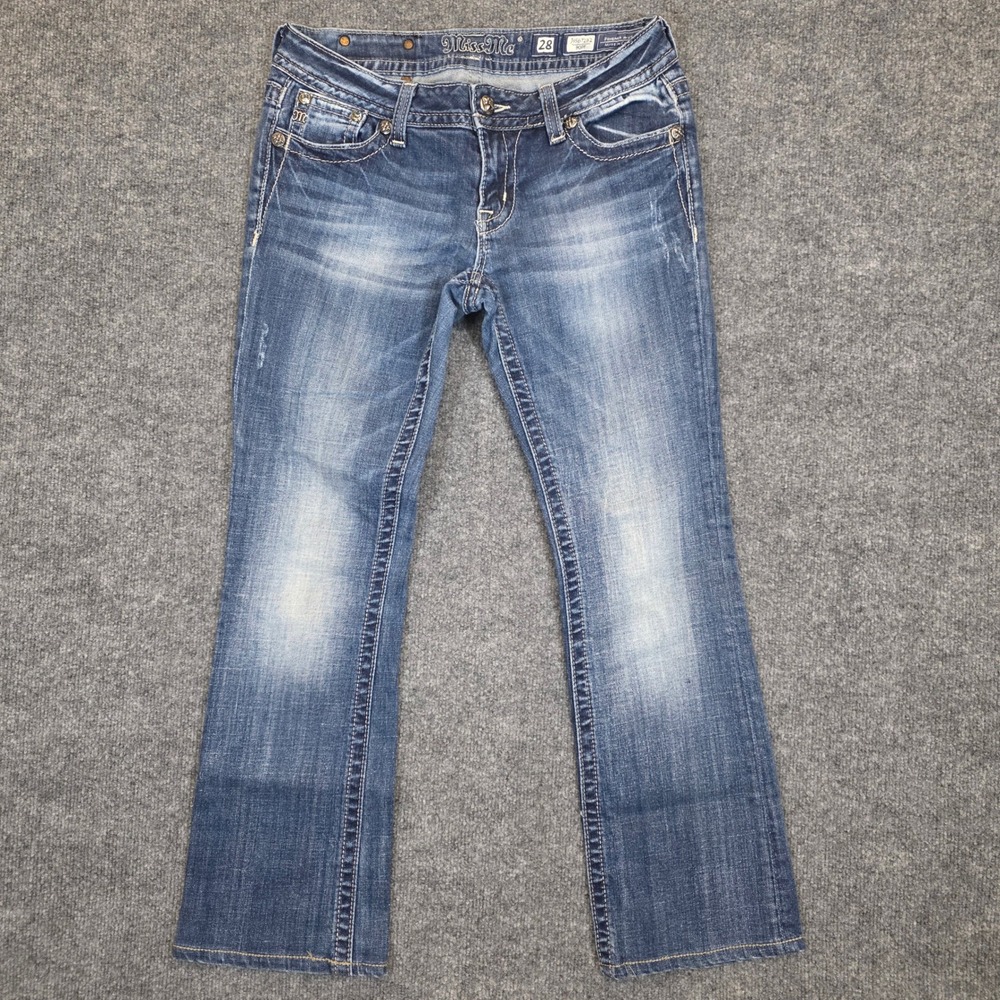 Miss Me Jeans Women 28 Blue Bootcut Low Rise Embellished Flap Pocket